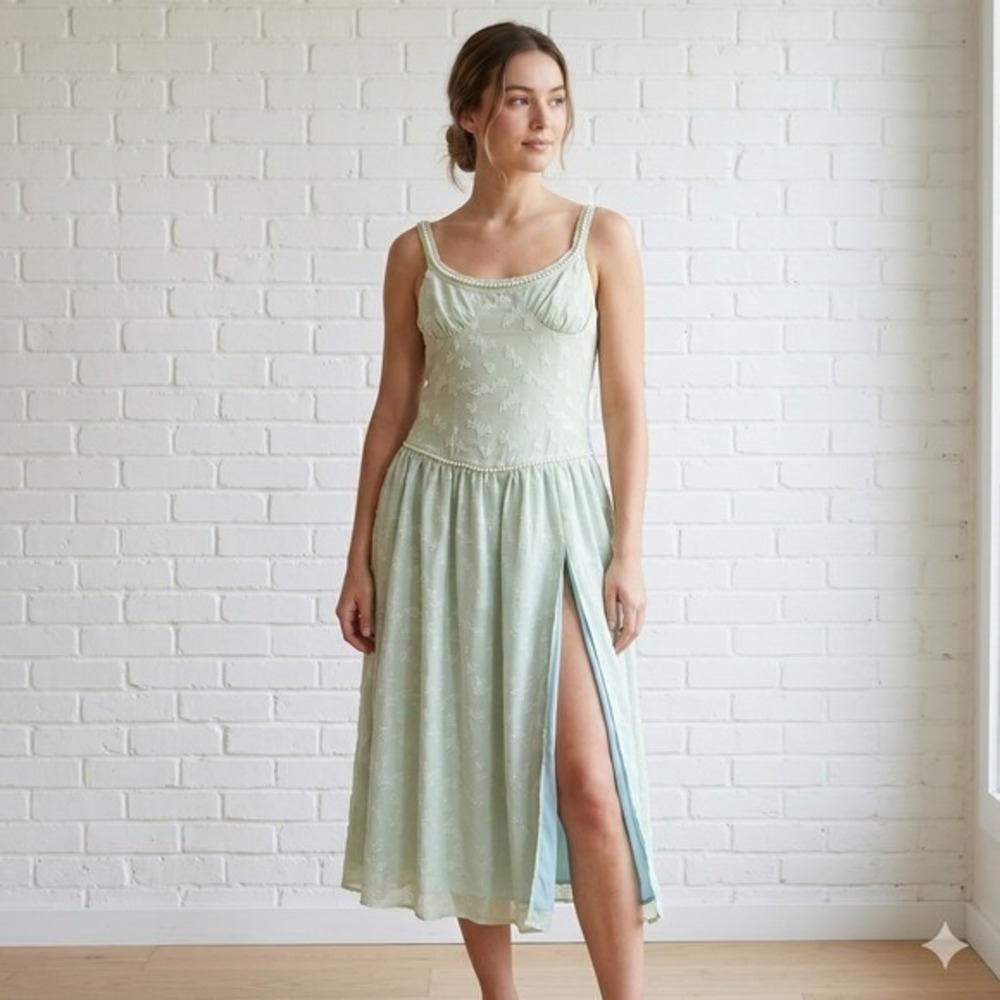Pastel Green Embroidered Pearl Trim Midi Dress Sz M Cottagecore Princess Costume